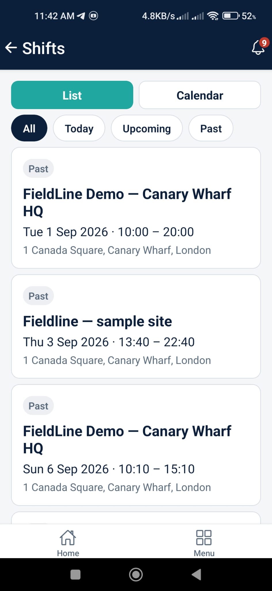 FieldLine guard app — Shifts