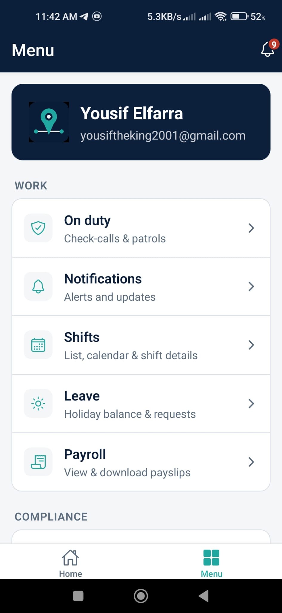 FieldLine guard app — Menu
